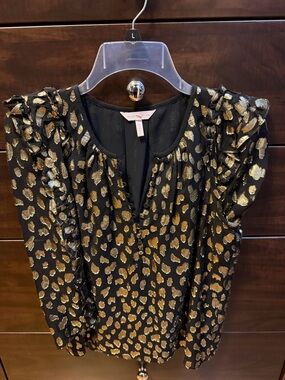 Rebecca Taylor Black Blouse with Metallic Gold Leopard Print and Ruffle Sleeves
